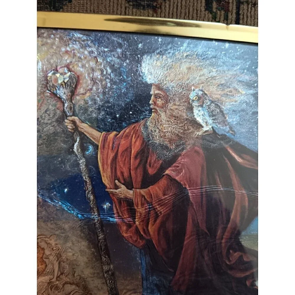 Vintage 90's Foil Art Print Wizard Fantasy MERLIN Framed Art